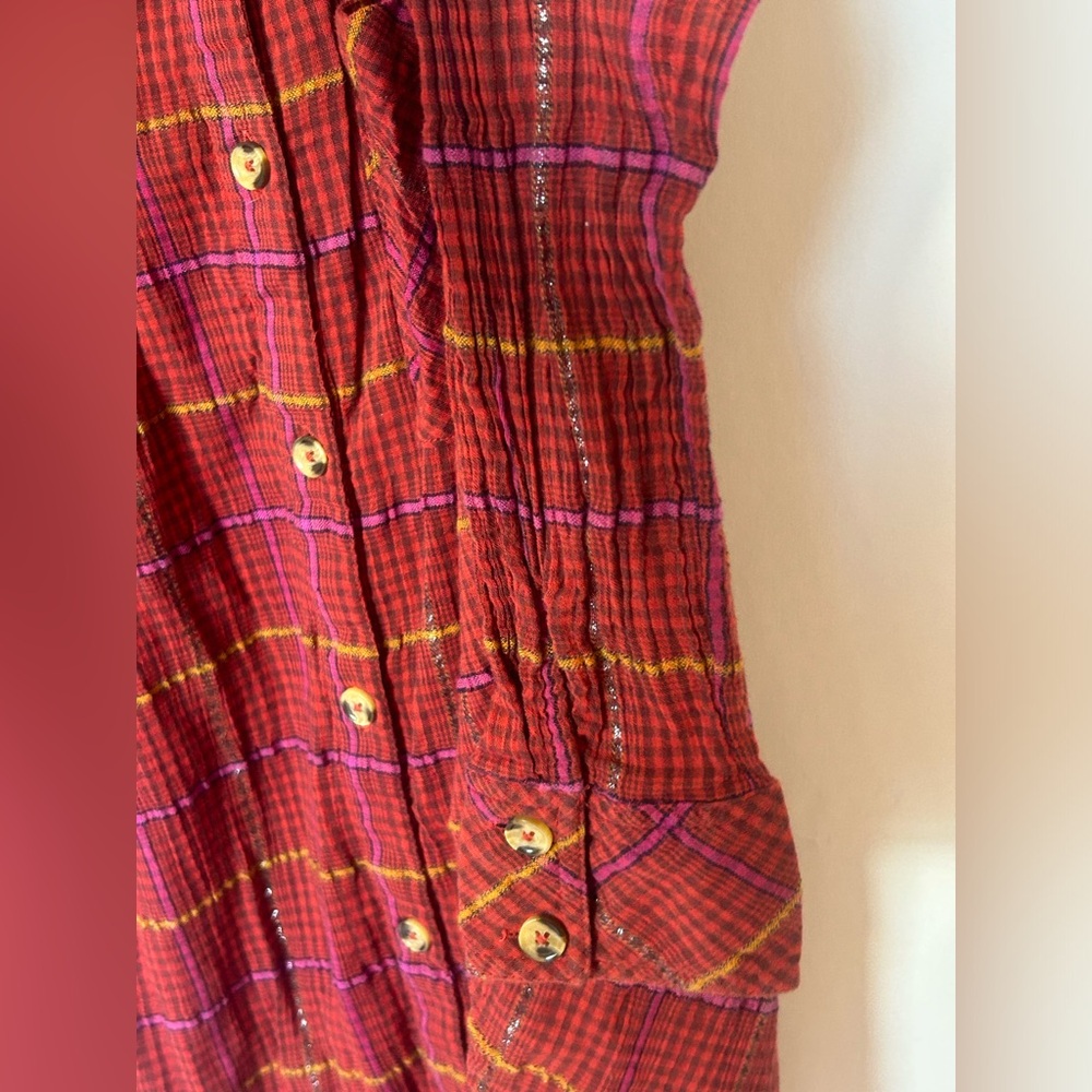 Free People Break My Stride Plaid Button Down Shirt, Red, Metallic Stripe Small - Picture 5 of 8
